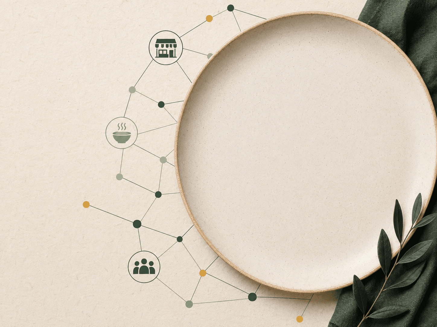 A ceramic plate layered over a network connecting neighbors and local restaurants